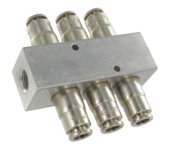 Distribution frames with 6 push-in outlets in aluminium and nickel-plated brass Pneumatic push-in fittings