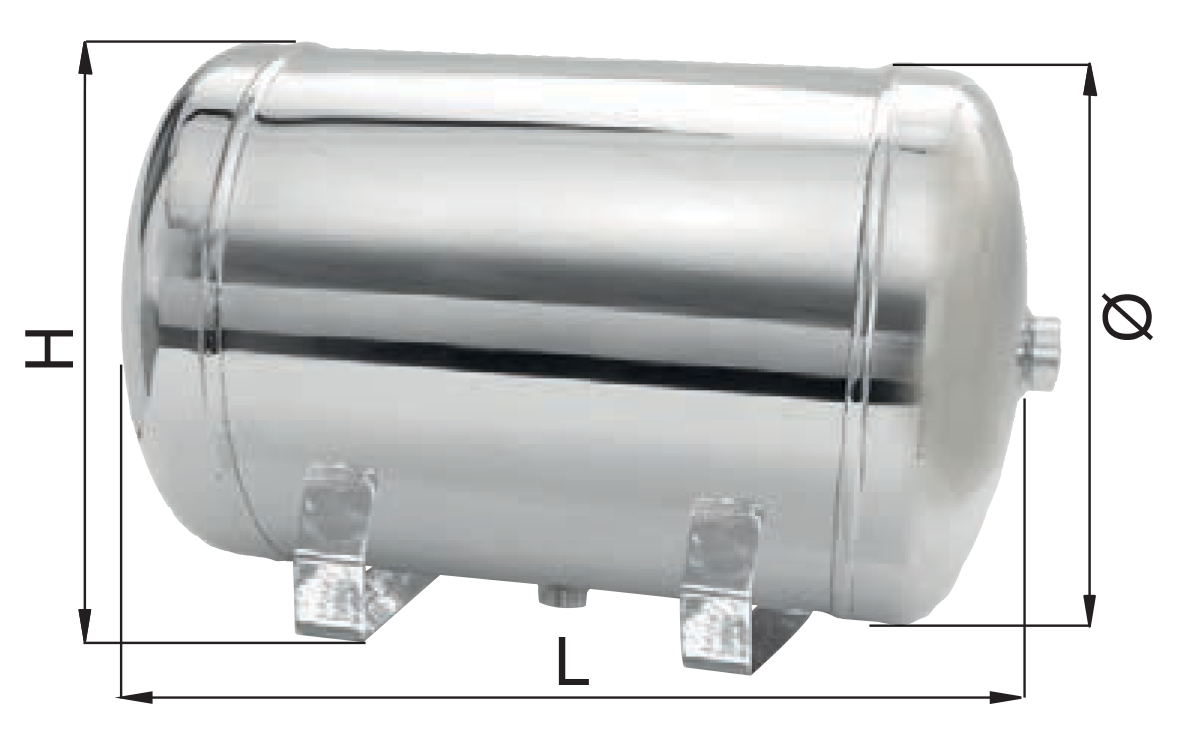 Compressed air tank in stainless steel with feet