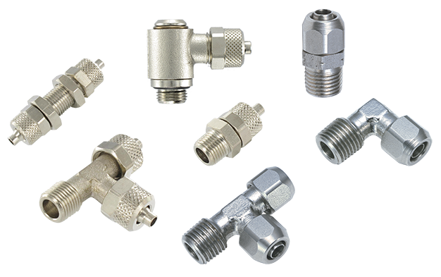 Pneumatic push-on fittings for compressed air and industrial fluids