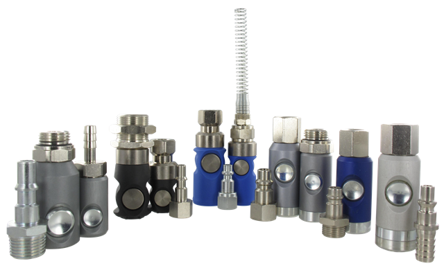Quick-connect couplings for compressed air and industrial fluids
