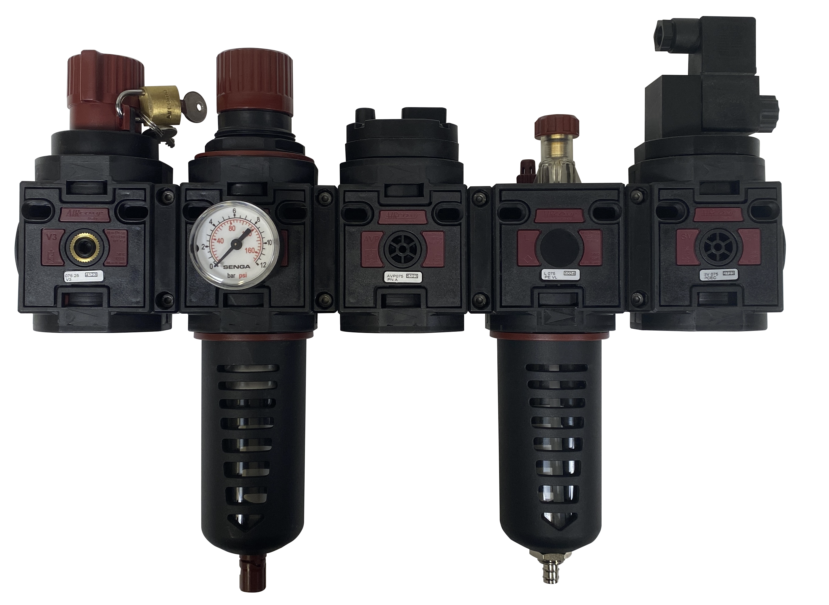 3-way shut-off valve + FR + Solenoid shut-off valve + Soft starter + Fill/pressure lubricator  1/2\"  with pressure gauge D.40