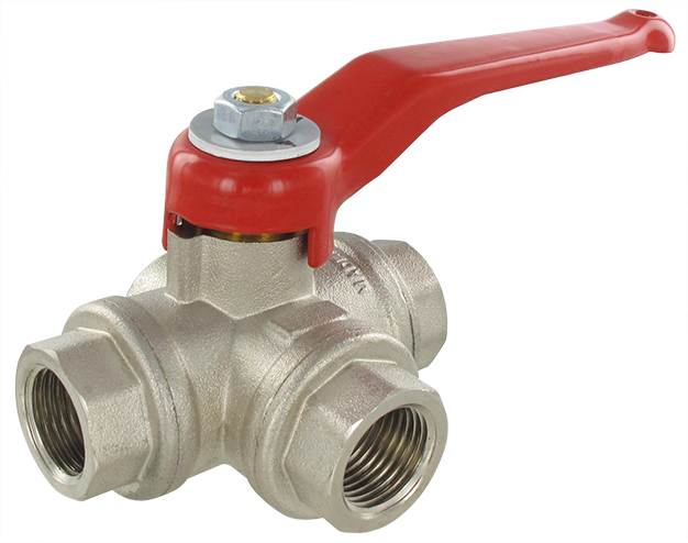 3-way ball valve female flat, L-lumen, BSP cylindrical - PN 40 1/2 Nickel-plated brass ball valves