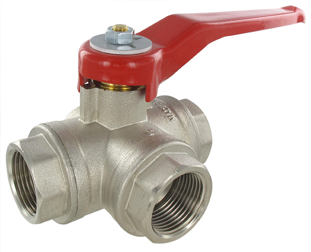 3-way ball valve female flat, L-lumen, BSP cylindrical - PN 40 1\" Nickel-plated brass ball valves