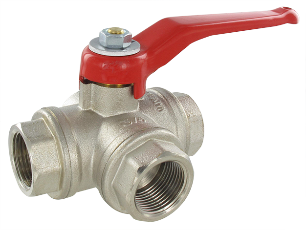 3-way ball valve female flat, L-lumen, BSP cylindrical - PN 40 3/4 Nickel-plated brass ball valves