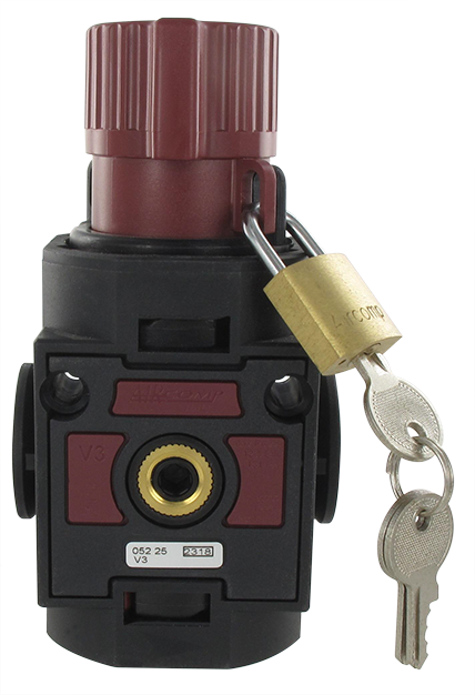 3-way shut-off valve, small size, with 1 G1/2\" padlock
