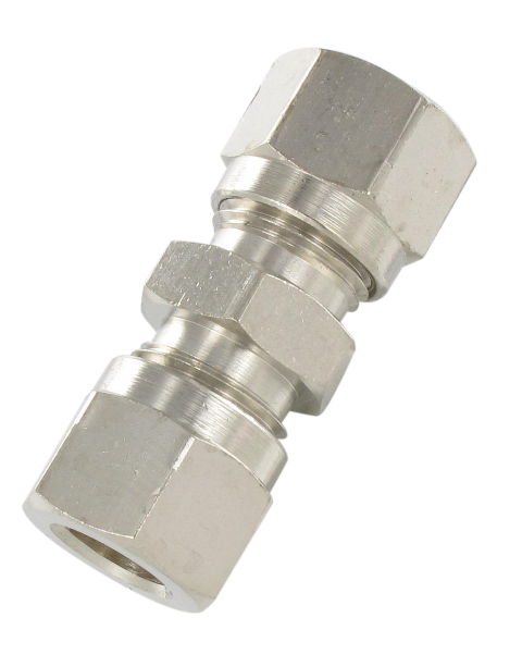 Double equal straight universal DIN standard compression fitting in nickel-plated brass T15