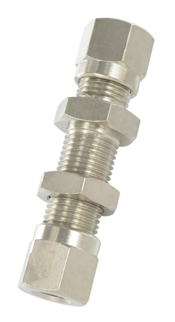 Double wall feed-through DIN standard universal compression fittings in nickel-plated brass