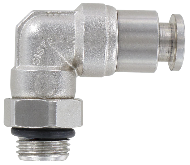 Elbow male swivel BSP and metric push-in fittings in nickel-plated brass