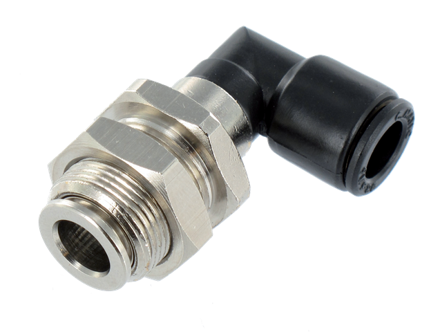 Elbow push-in fittings in technopolymer with wall penetration Pneumatic push-in fittings