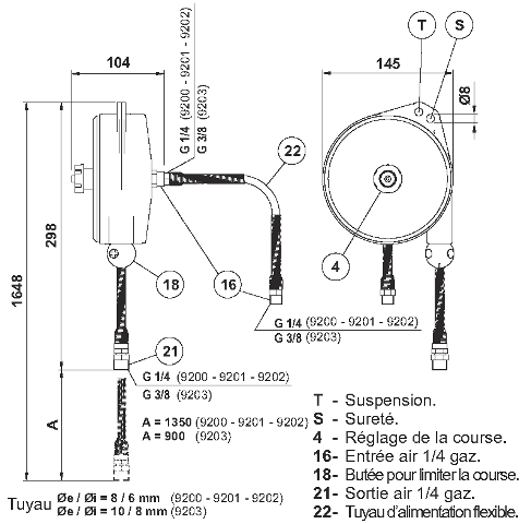 Équilibreurs de charge avec tuyau (0.4-5 kg, 900-1350 mm) Réseau d'air et équipements d'atelier