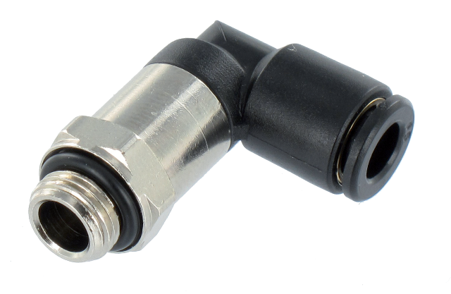 Extended elbow male swivel push-in fittings BSP cylindrical in technopolymer
