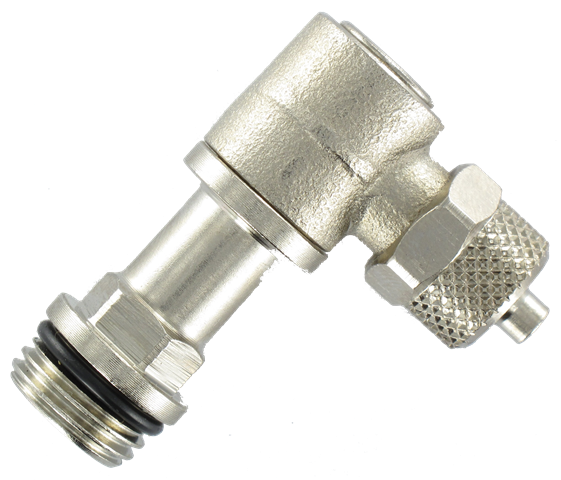 Extended male elbow push-on fittings, swivel, BSP cylindrical thread with mounted o-ring Push-on fittings in nickel plated brass