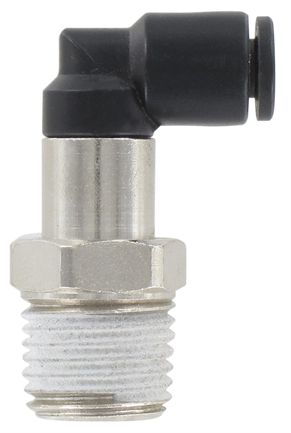 Extended male swivel elbow push-in fitting BSP tapered in technopolymer T4-1/4