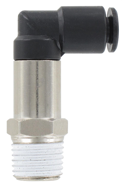 Extended male swivel elbow push-in fitting BSP tapered in technopolymer T6-1/4