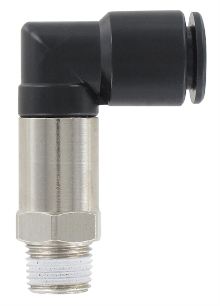 Extended male swivel elbow push-in fitting BSP tapered in technopolymer T8-1/8