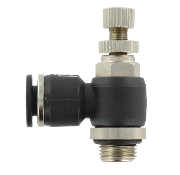 Flow control valves with knurled adjusting screw and push-in fitting unidirectional exhaust version cylindrical BSP in resin Pneumatic push-in fittings