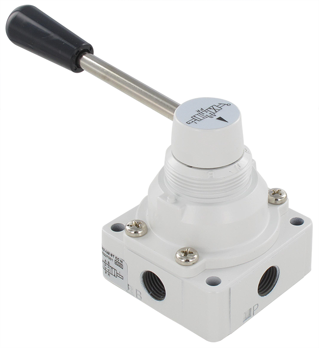 Pneumatic 4/3 lever valve 1/4'' in metal, stable on 3 positions, open centers in metal Pneumatic valves with rotary lever