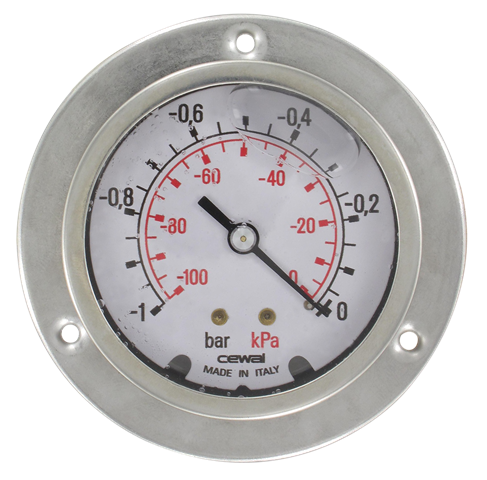 Glycerine bath pressure gauges in D63 stainless steel housing with 3-hole front flange and G1/4'' axial connection