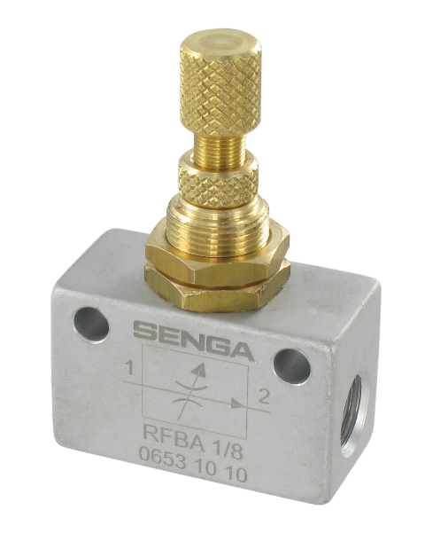 In-line bi-directional flow controllers with axial thread Pneumatic function fittings