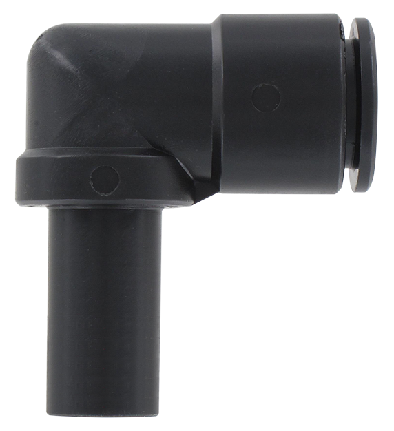 L-shaped push-in fitting with snap-in pin in technopolymer T12