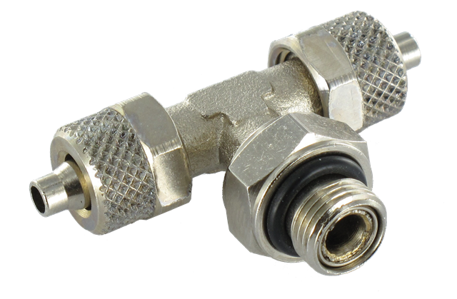 Male T push-on fittings, swivel, centre tap, BSP cylindrical thread Push-on fittings in nickel plated brass