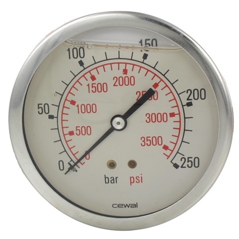 Manomètre glycérine boîtier INOX Ø100 raccord axial 1/2\" 0-250  bar