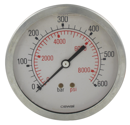 Manomètre glycérine boîtier INOX Ø100 raccord axial 1/2\" 0-600  bar Composants pneumatiques