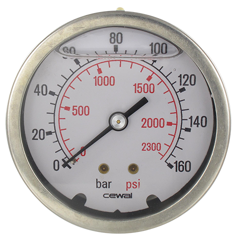 Manomètre glycérine boîtier INOX Ø63 raccord axial 1/4\" 0-160 bar Composants pneumatiques