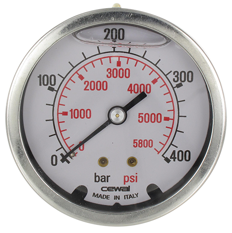 Manomètre glycérine boîtier INOX Ø63 raccord axial 1/4\" 0-400 bar Composants pneumatiques