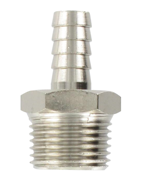 Nickel-plated brass conical male barb connector 1/2-10