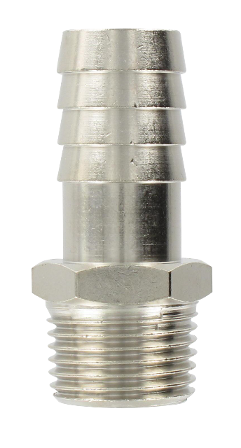 Nickel-plated brass conical male barb connector 1/2-18