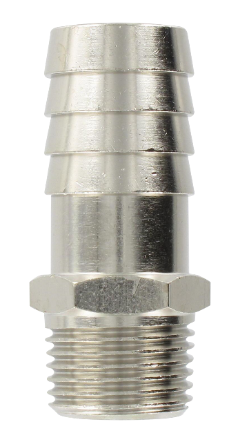 Nickel-plated brass conical male barb connector 1/2-21