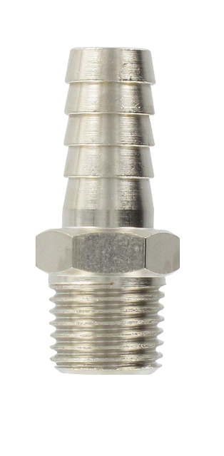 Nickel-plated brass conical male barb connector 1/4-10