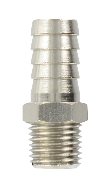 Nickel-plated brass conical male barb connector 1/4-12