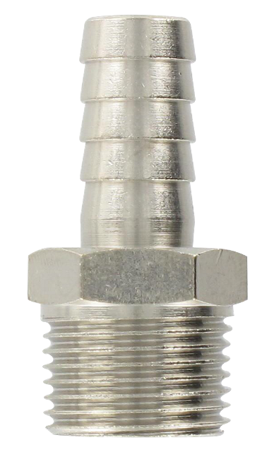 Nickel-plated brass conical male barb connector 3/8-10