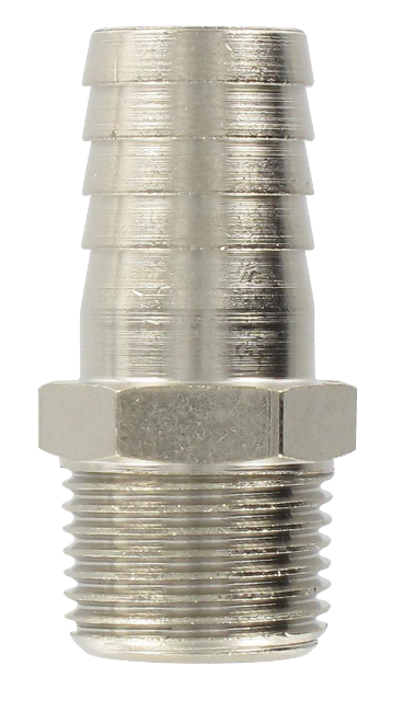 Nickel-plated brass conical male barb connector 3/8-14