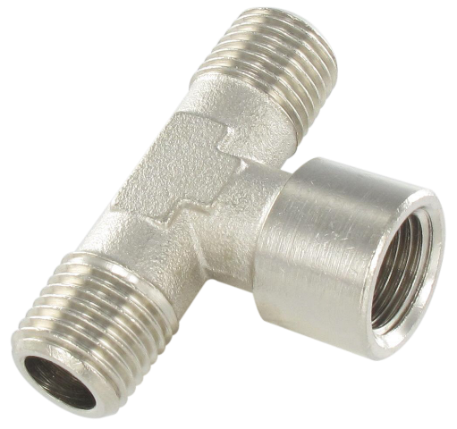 Nickel-plated brass conical male T-fitting with cylindrical female center tap 1/8 Standard fittings in nickel plated brass