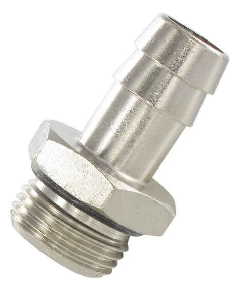 Nickel-plated brass male cylindrical barb connector with mounted gasket 1/8-9 Standard fittings in nickel plated brass