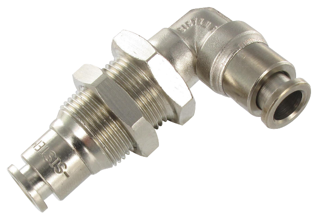 Nickel-plated brass push-in fittings with double elbow swivel and bulkhead