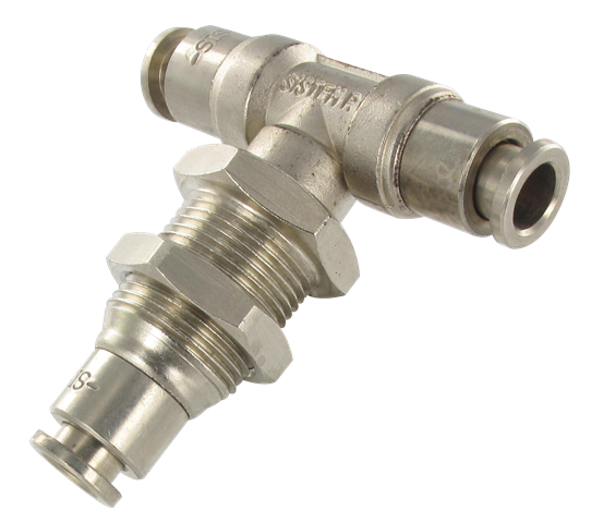 Nickel-plated brass push-in fitting with swivel T-fitting for bulkheads T6-M15X1