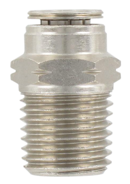 Straight male NPT tapered misting push-in fitting in nickel-plated brass 1/4\" T1/4