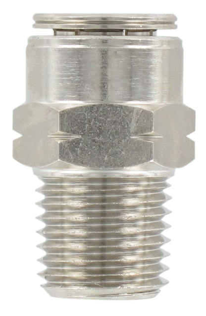 Straight male NPT tapered misting push-in fitting in nickel-plated brass 1/4\" T3/8