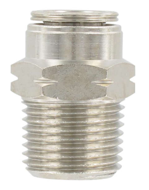 Straight male NPT tapered misting push-in fitting in nickel-plated brass 3/8\" T3/8