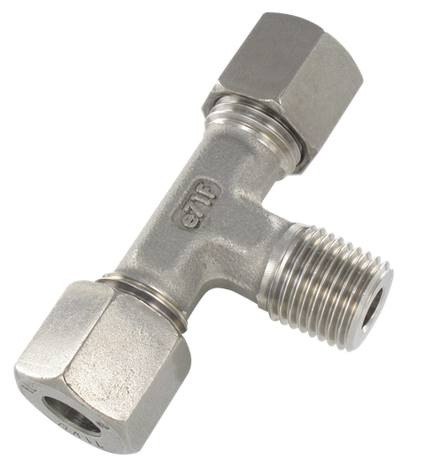 Universal DIN 2353 compression T fitting male centre tapered thread BSP in stainless steel T16-1/2