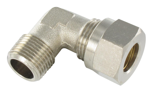Universal DIN standard compression fitting BSP tapered male elbow in nickel-plated brass T10-1/2