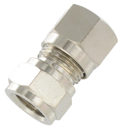 Universal DIN standard straight female cylindrical BSP compression fitting in nickel-plated brass T10-1/4