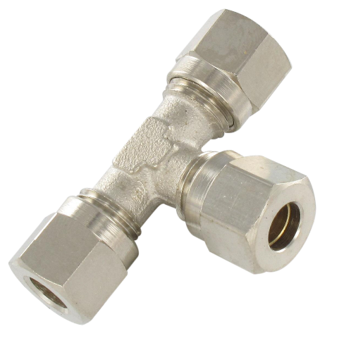 Universal DIN standard T compression fittings in nickel-plated brass
