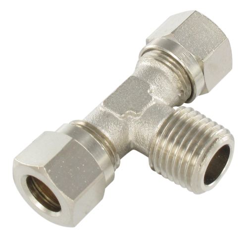 Universal DIN standard T compression fittings male BSP tapered central connection in nickel-plated brass
