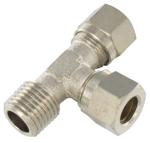 Universal DIN standard T compression fitting male BSP tapered side inlet in nickel-plated brass T6-1/4