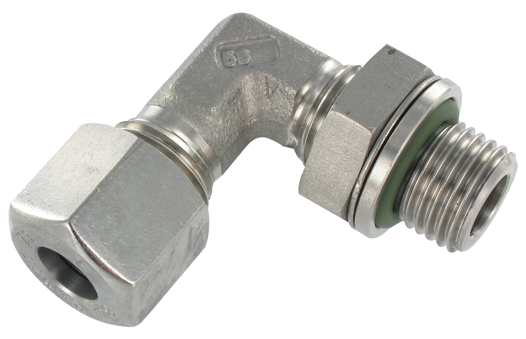 Universal elbow male swivel compression fittings with FKM seal mounted in stainless steel to DIN 2353